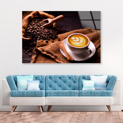 Cup Of Coffee with A Spoon and Some Coffee Beans Acrylic Glass Print Tempered Glass Wall Art 100% Made in Australia Ready to Hang