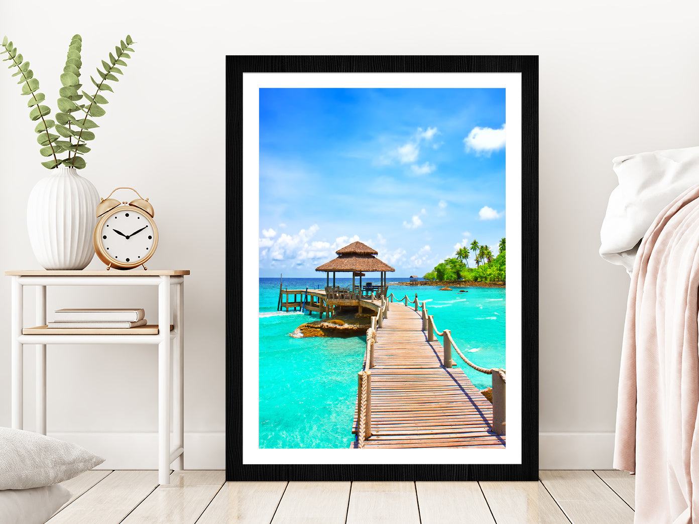 Sea with Pier Under Blue Cloudy Sky Photograph Glass Framed Wall Art, Ready to Hang Quality Print With White Border Black