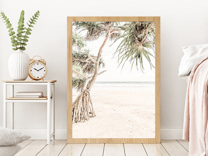 Trees near Sandy Beach View Photograph Glass Framed Wall Art, Ready to Hang Quality Print Without White Border Oak