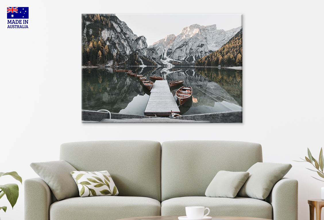 Gloomy Boats Moored by Lake Against Sky Wall Art Decor 100% Australian Made