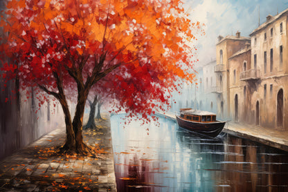 Red Tree, Street View of Venice Oil Painting Home Decor Premium Quality Poster Print Choose Your Sizes