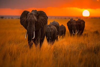 Elephants Walking Through a Field at Sunset View Home Decor Premium Quality Poster Print Choose Your Sizes