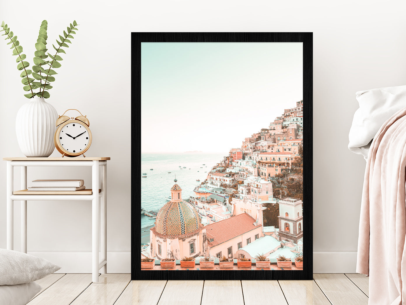 Positano Amalfi Coast Town View Photograph Glass Framed Wall Art, Ready to Hang Quality Print Without White Border Black