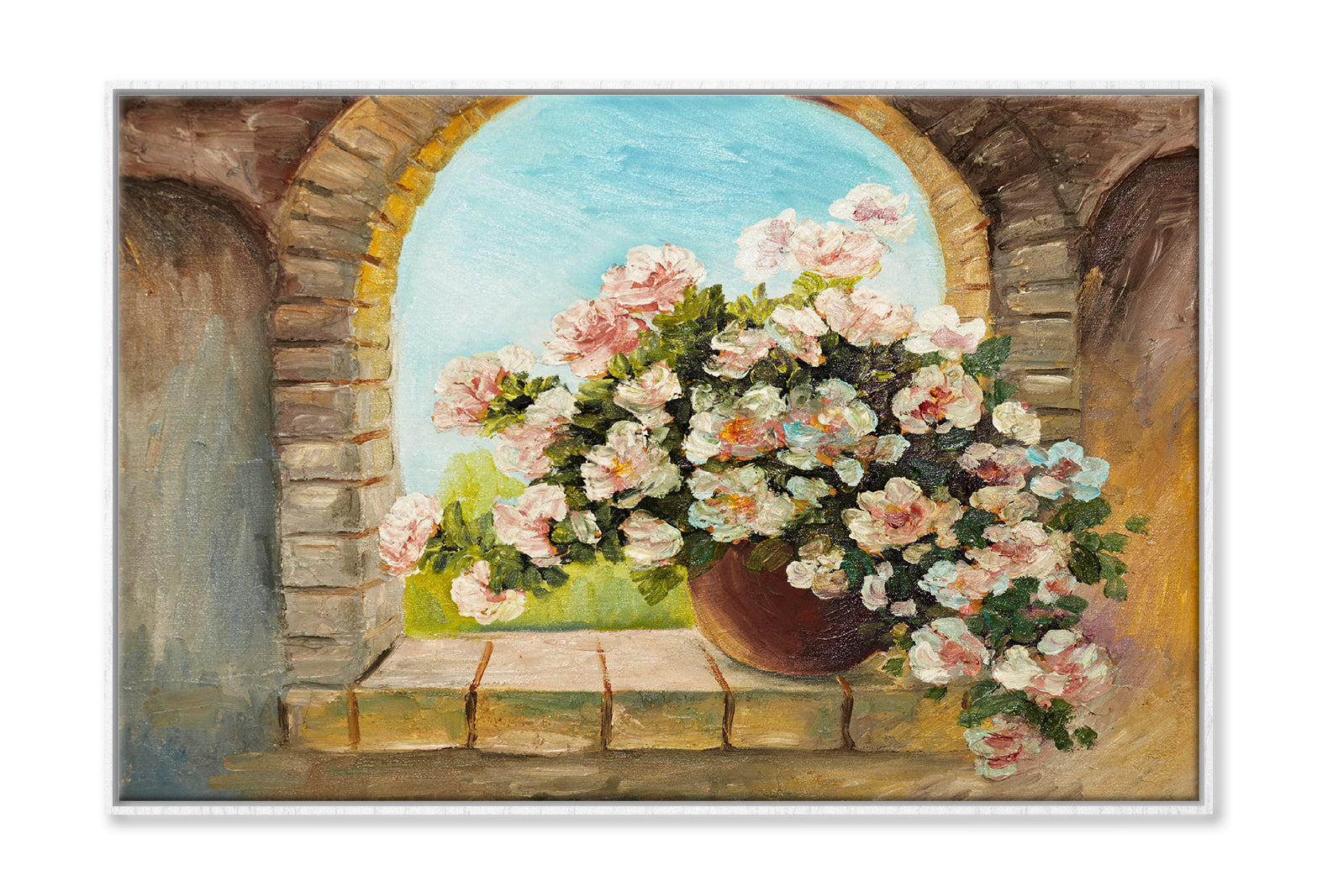 Bouquet Of Flowers On A Stone Sill Oil Painting Limited Edition High Quality Print Canvas Box Framed White