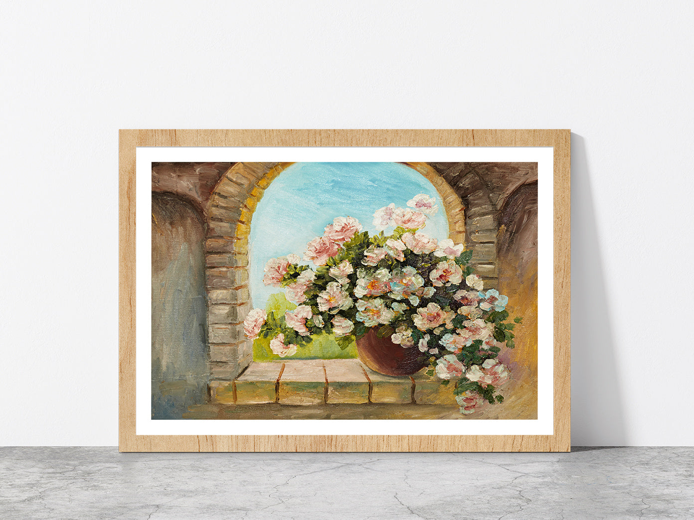 Bouquet Of Flowers On A Stone Sill Glass Framed Wall Art, Ready to Hang Quality Print With White Border Oak