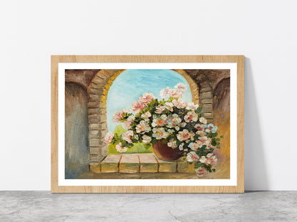 Bouquet Of Flowers On A Stone Sill Glass Framed Wall Art, Ready to Hang Quality Print With White Border Oak