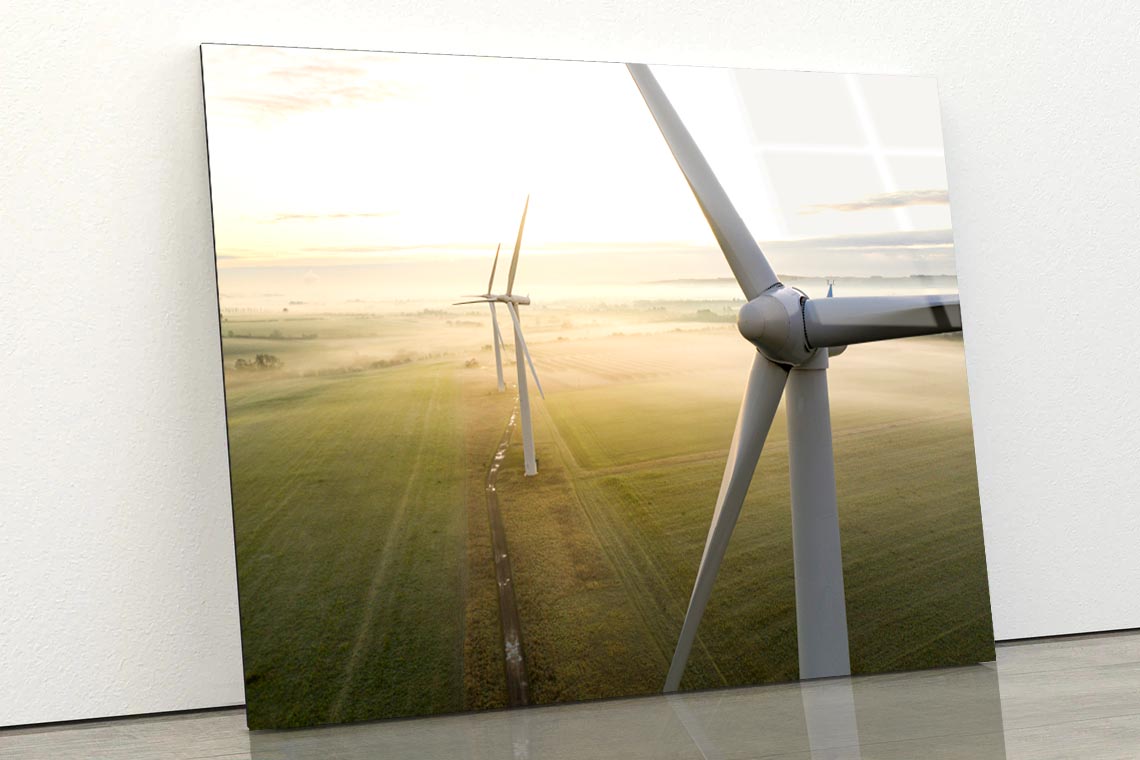 Aerial View Of Three Wind Turbines in The Early Morning Fog at Sunrise Acrylic Glass Print Tempered Glass Wall Art 100% Made in Australia Ready to Hang - Bella Home Decor