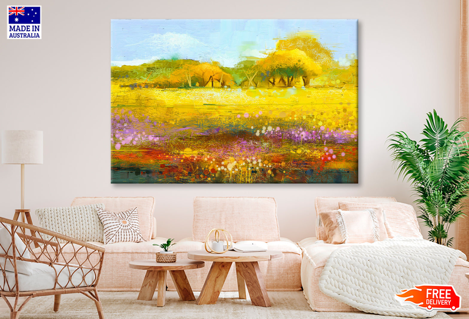 Yellow & Red Wildflowers With Blue Sky Oil Painting Wall Art Limited Edition High Quality Print