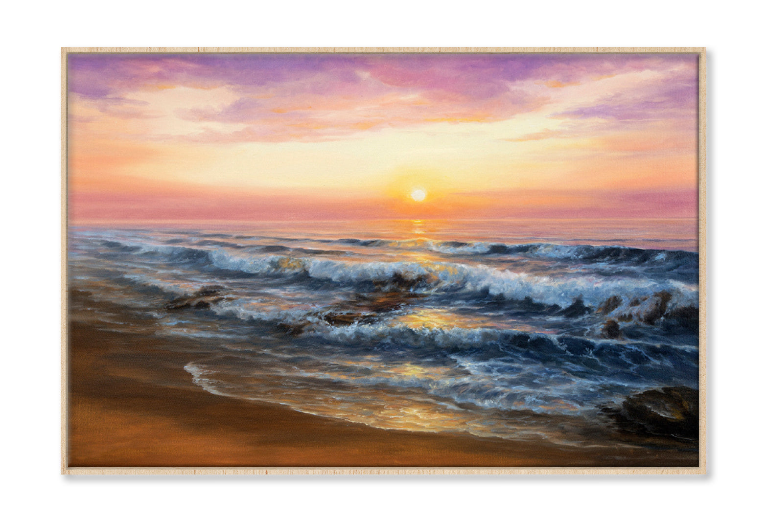 Oil Painting Of Sunset & Beach Limited Edition High Quality Print Canvas Box Framed Natural