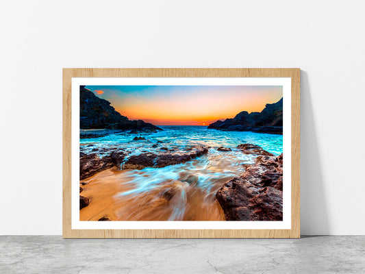 Evening Scene In Hawaiian Beach Glass Framed Wall Art, Ready to Hang Quality Print With White Border Oak