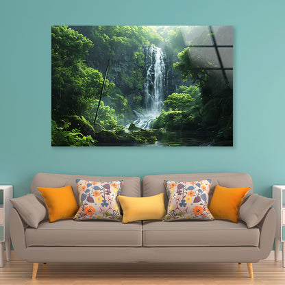 Waterfall, Trees, Lake Acrylic Glass Print Tempered Glass Wall Art 100% Made in Australia Ready to Hang - Bella Home Decor