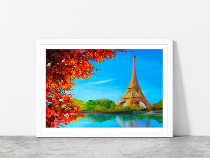 Lake Near The Eiffel Tower Oil Painting Glass Framed Wall Art, Ready to Hang Quality Print With White Border White