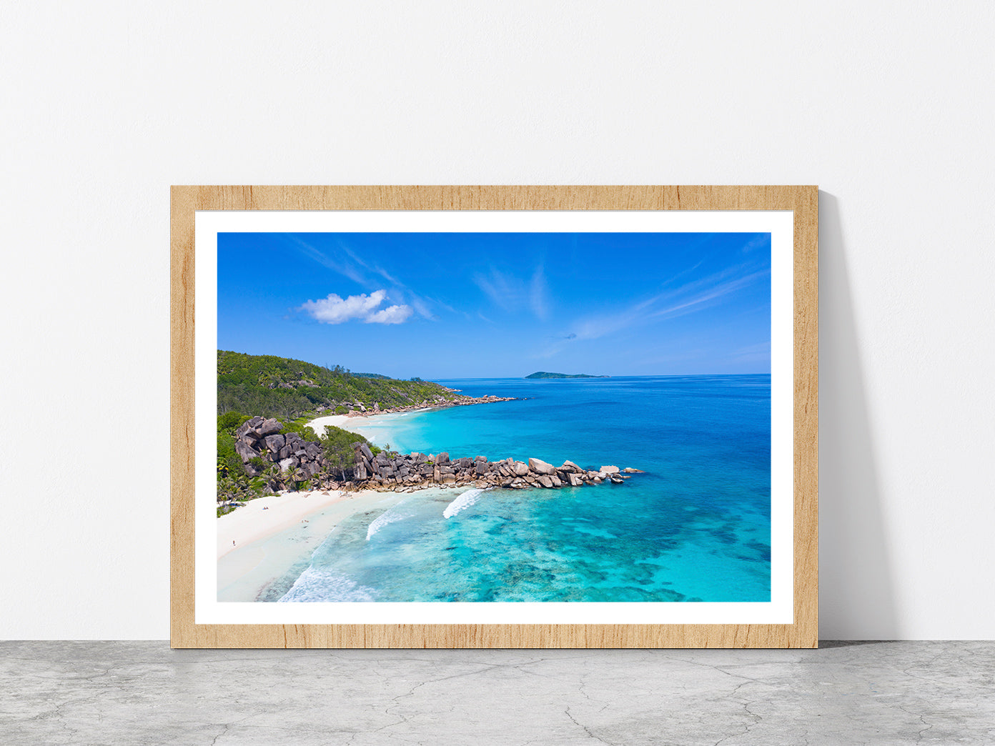 Grand Anse Beach On Island Glass Framed Wall Art, Ready to Hang Quality Print With White Border Oak