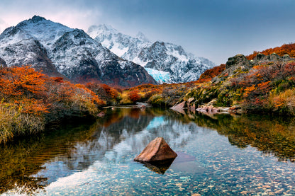 Mountain Reflection In The River Glass Framed Wall Art, Ready to Hang Quality Print