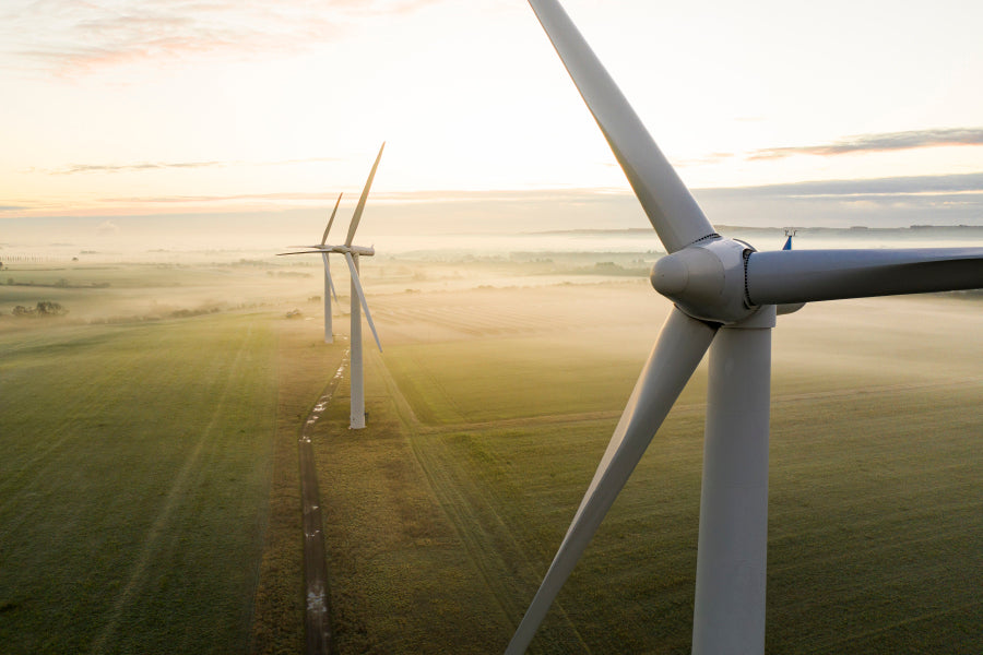 Aerial View Of Three Wind Turbines in The Early Morning Fog at Sunrise Acrylic Glass Print Tempered Glass Wall Art 100% Made in Australia Ready to Hang - Bella Home Decor