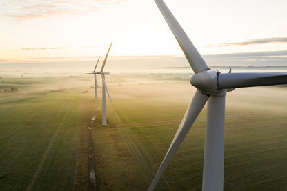 Aerial View Of Three Wind Turbines in The Early Morning Fog at Sunrise Acrylic Glass Print Tempered Glass Wall Art 100% Made in Australia Ready to Hang - Bella Home Decor