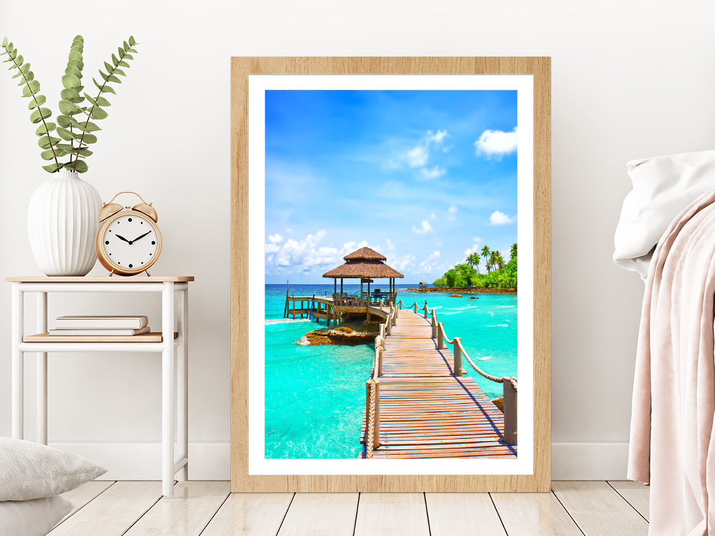 Sea with Pier Under Blue Cloudy Sky Photograph Glass Framed Wall Art, Ready to Hang Quality Print With White Border Oak