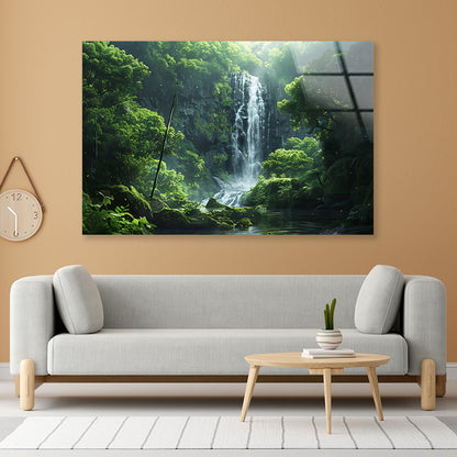 Waterfall, Trees, Lake Acrylic Glass Print Tempered Glass Wall Art 100% Made in Australia Ready to Hang - Bella Home Decor