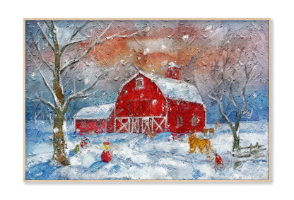 Farm Barn. Red Country House. Snowy Winter Forest. Snowman and Farm Animals Wall Art Limited Edition High Quality Print