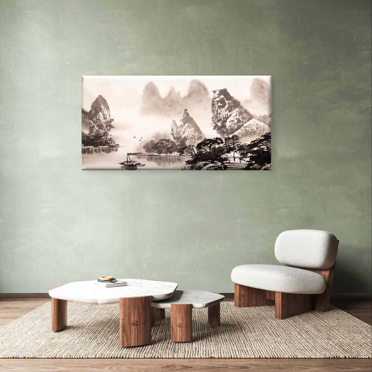Classic Chinese Ink Wash River Boat Painting Wall Art Canvas Office Home Framed 120x60cm