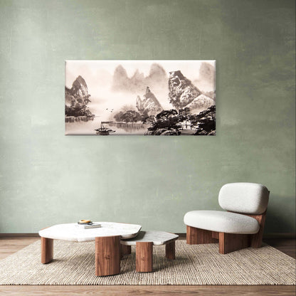 Classic Chinese Ink Wash River Boat Painting Wall Art Canvas Office Home Framed 120x60cm