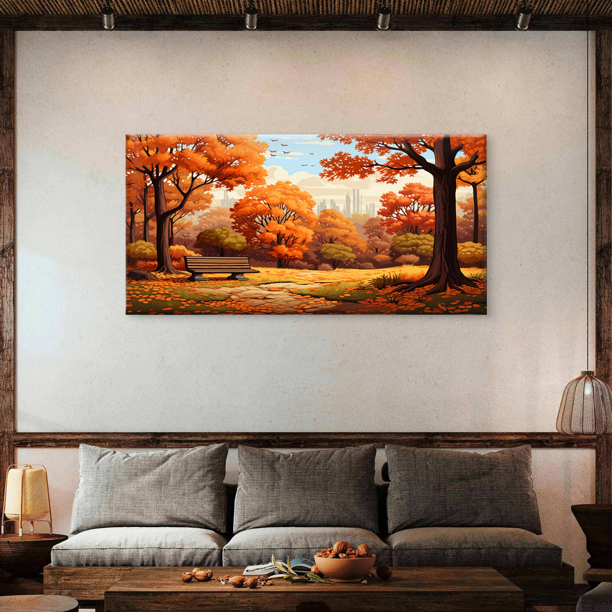 Autumn Forest Cozy Fall Park Bench Wall Art Canvas Office Home Framed 120x60cm
