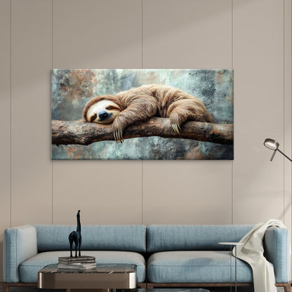Sleeping Three Toed Sloth Branch Wildlife Wall Art Canvas Office Home Framed 120x60cm - Bella Home Decor