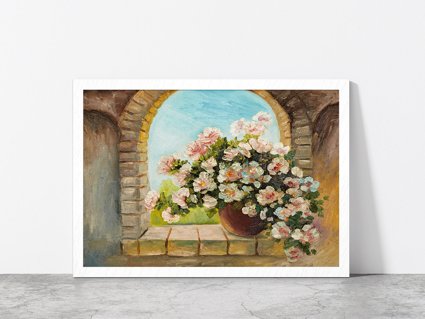 Bouquet Of Flowers On A Stone Sill Glass Framed Wall Art, Ready to Hang Quality Print Without White Border White