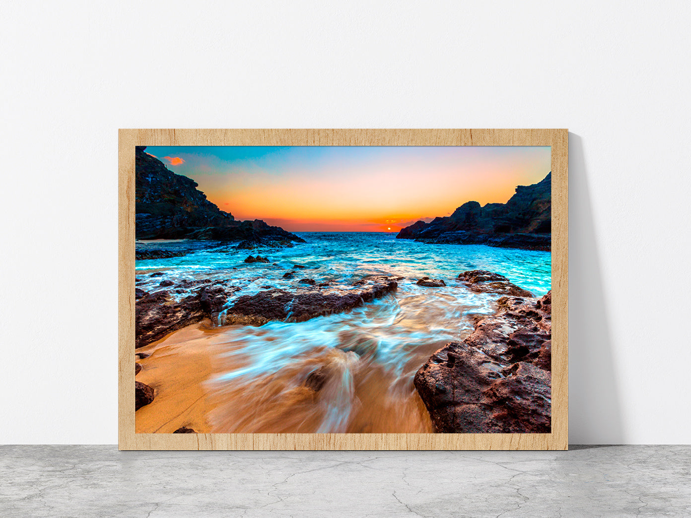 Evening Scene In Hawaiian Beach Glass Framed Wall Art, Ready to Hang Quality Print Without White Border Oak