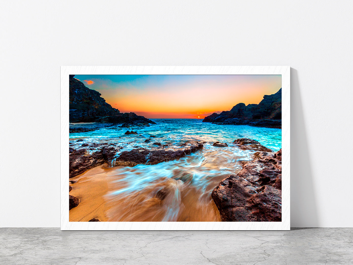 Evening Scene In Hawaiian Beach Glass Framed Wall Art, Ready to Hang Quality Print Without White Border White