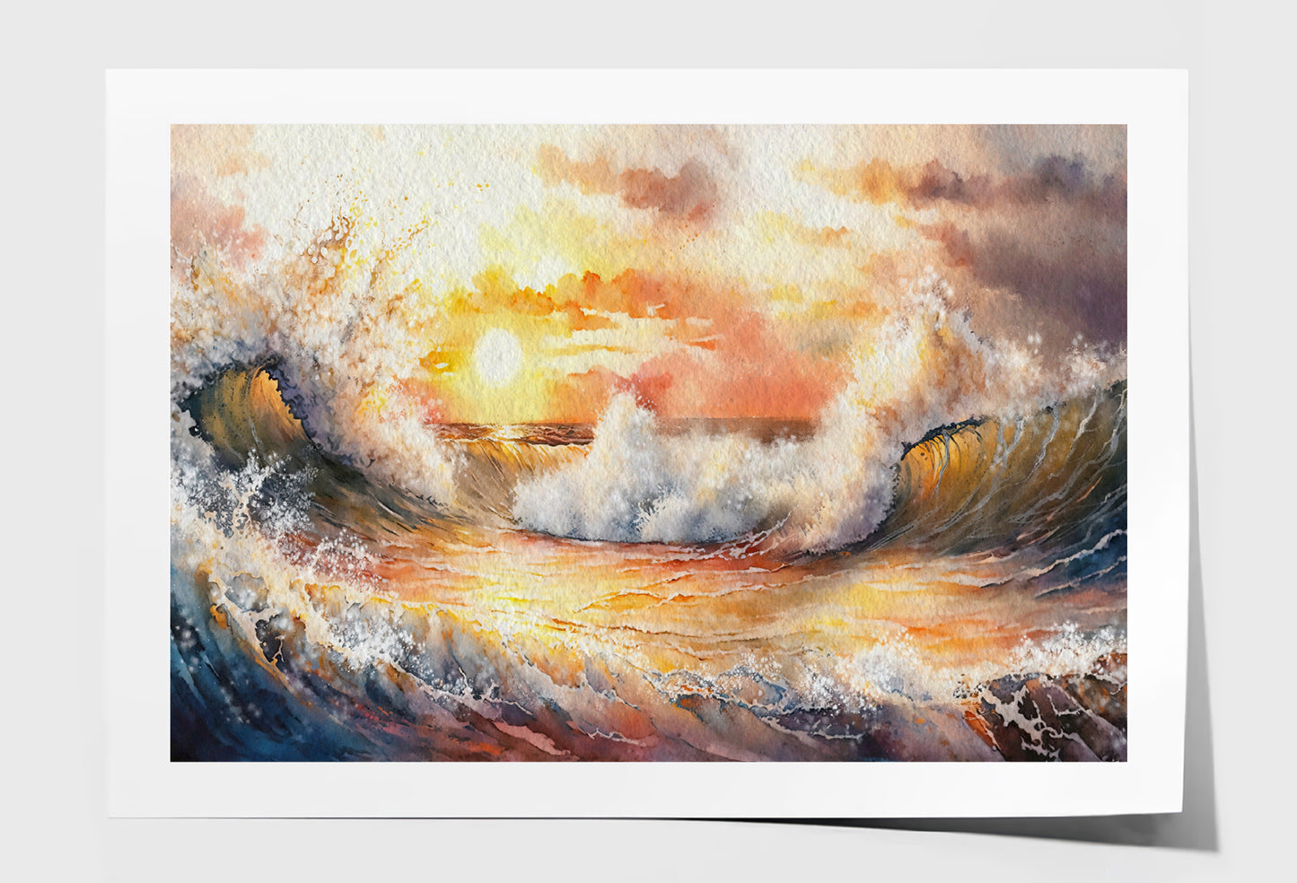 Sea Waves & Sunset Cloudy Sky Watercolor Painting Wall Art Limited Edition High Quality Print Unframed Roll Canvas None