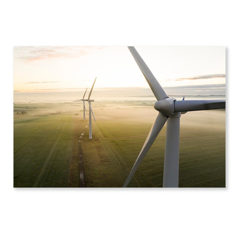 Aerial View Of Three Wind Turbines in The Early Morning Fog at Sunrise Acrylic Glass Print Tempered Glass Wall Art 100% Made in Australia Ready to Hang - Bella Home Decor