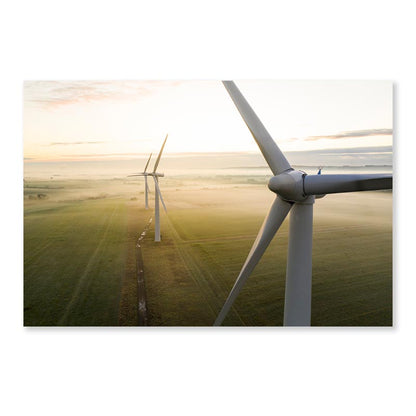Aerial View Of Three Wind Turbines in The Early Morning Fog at Sunrise Acrylic Glass Print Tempered Glass Wall Art 100% Made in Australia Ready to Hang - Bella Home Decor