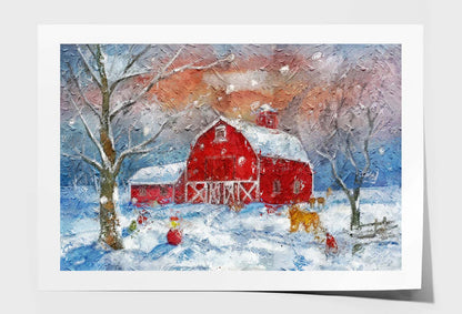 Farm Barn. Red Country House. Snowy Winter Forest. Snowman and Farm Animals Wall Art Limited Edition High Quality Print