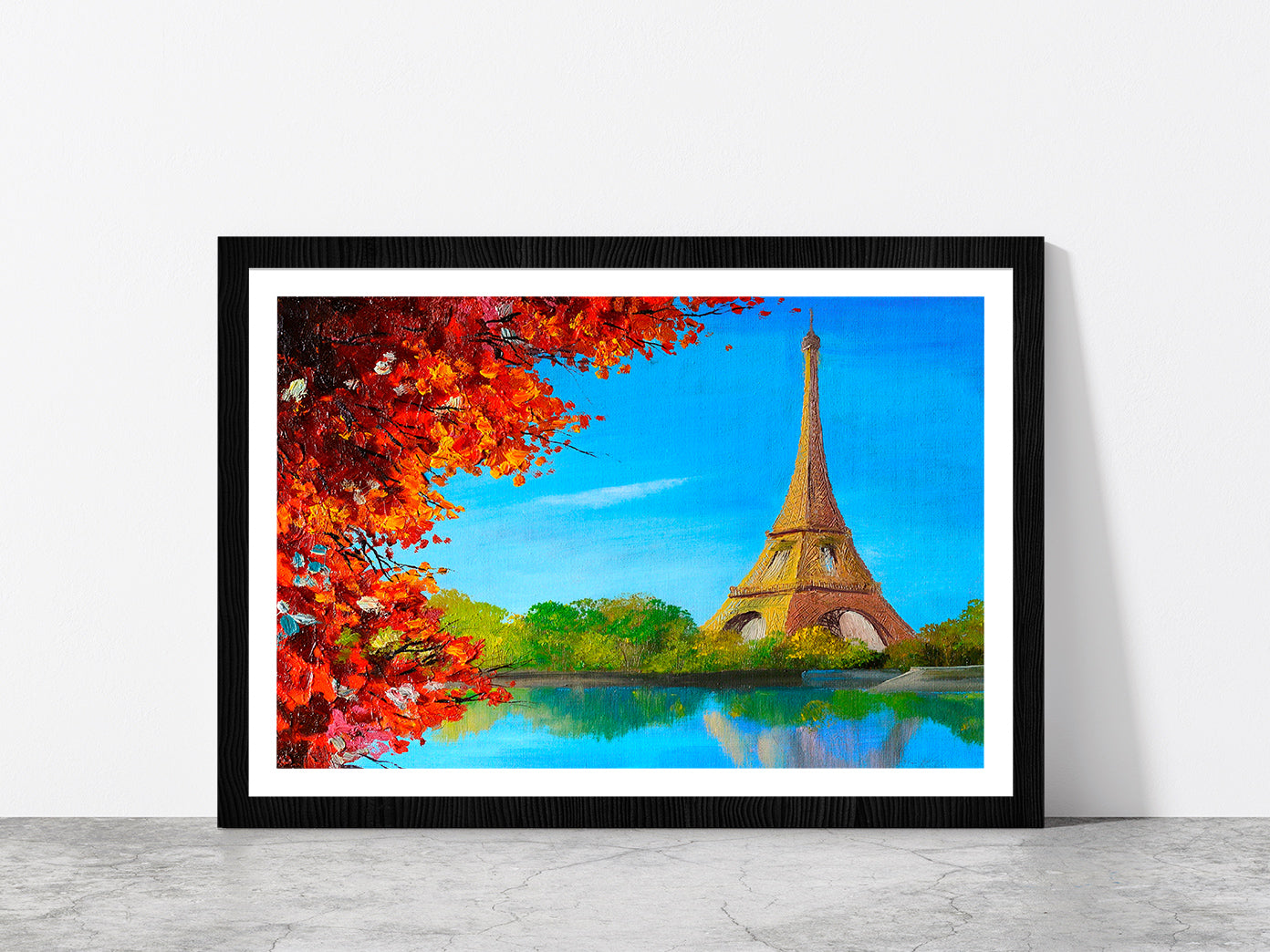 Lake Near The Eiffel Tower Oil Painting Glass Framed Wall Art, Ready to Hang Quality Print With White Border Black