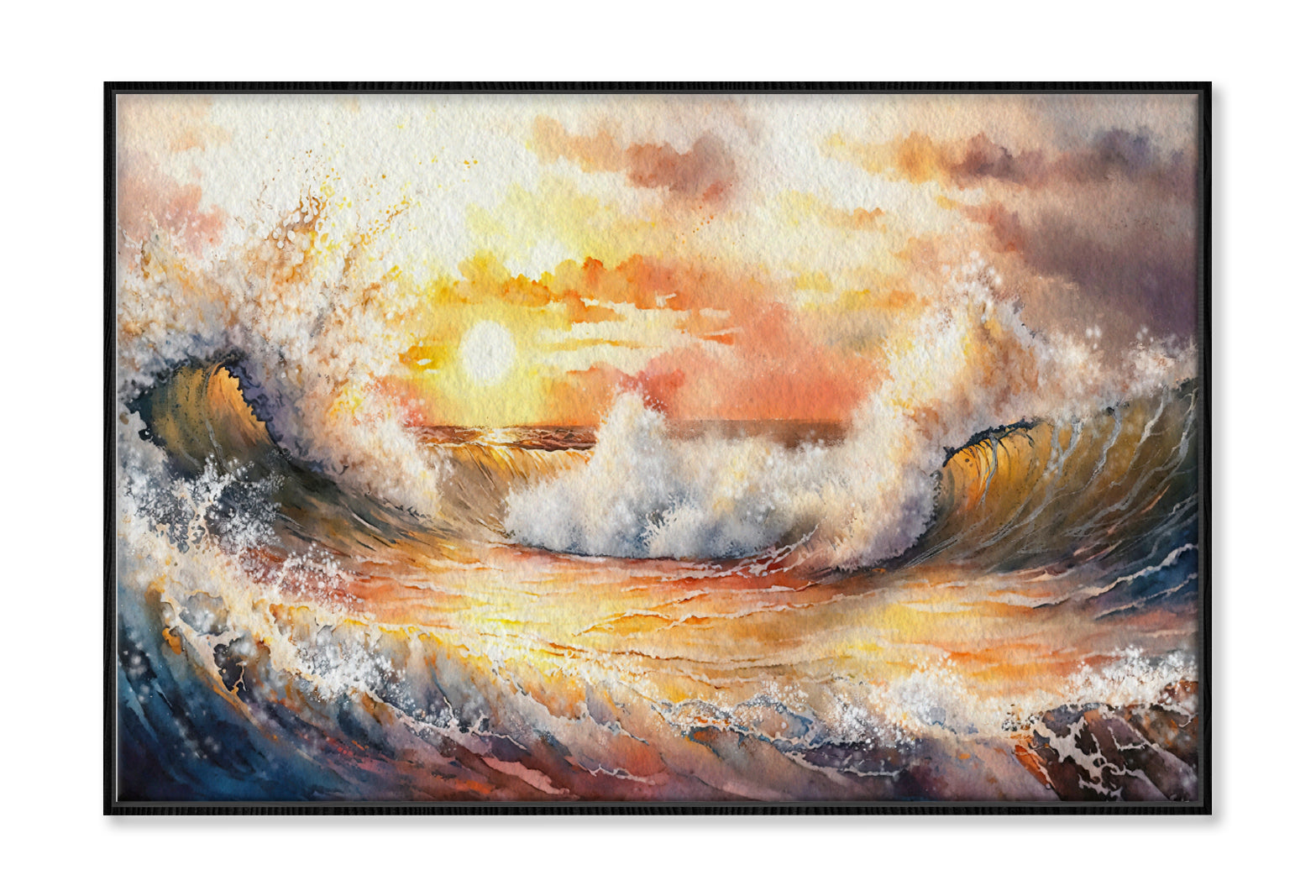 Sea Waves & Sunset Cloudy Sky Watercolor Painting Wall Art Limited Edition High Quality Print Canvas Box Framed Black