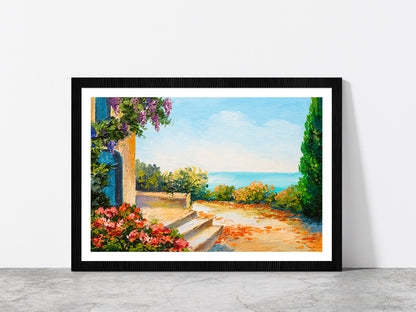 House Near The Sea, Colorful Flowers Glass Framed Wall Art, Ready to Hang Quality Print With White Border Black