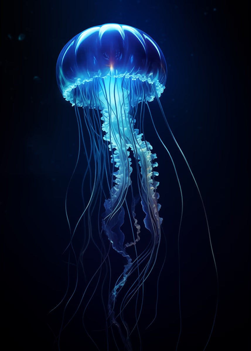 Electric Blue Jellyfish 40x60cm Metal Print Ready to Hang - Bella Home Decor