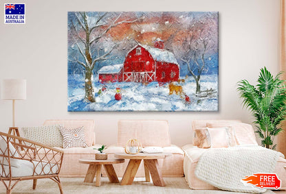 Farm Barn. Red Country House. Snowy Winter Forest. Snowman and Farm Animals Wall Art Limited Edition High Quality Print