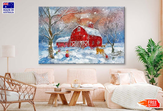 Farm Barn. Red Country House. Snowy Winter Forest. Snowman and Farm Animals Wall Art Limited Edition High Quality Print