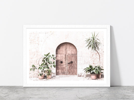 Plants near House Door Faded Photograph Glass Framed Wall Art, Ready to Hang Quality Print With White Border White