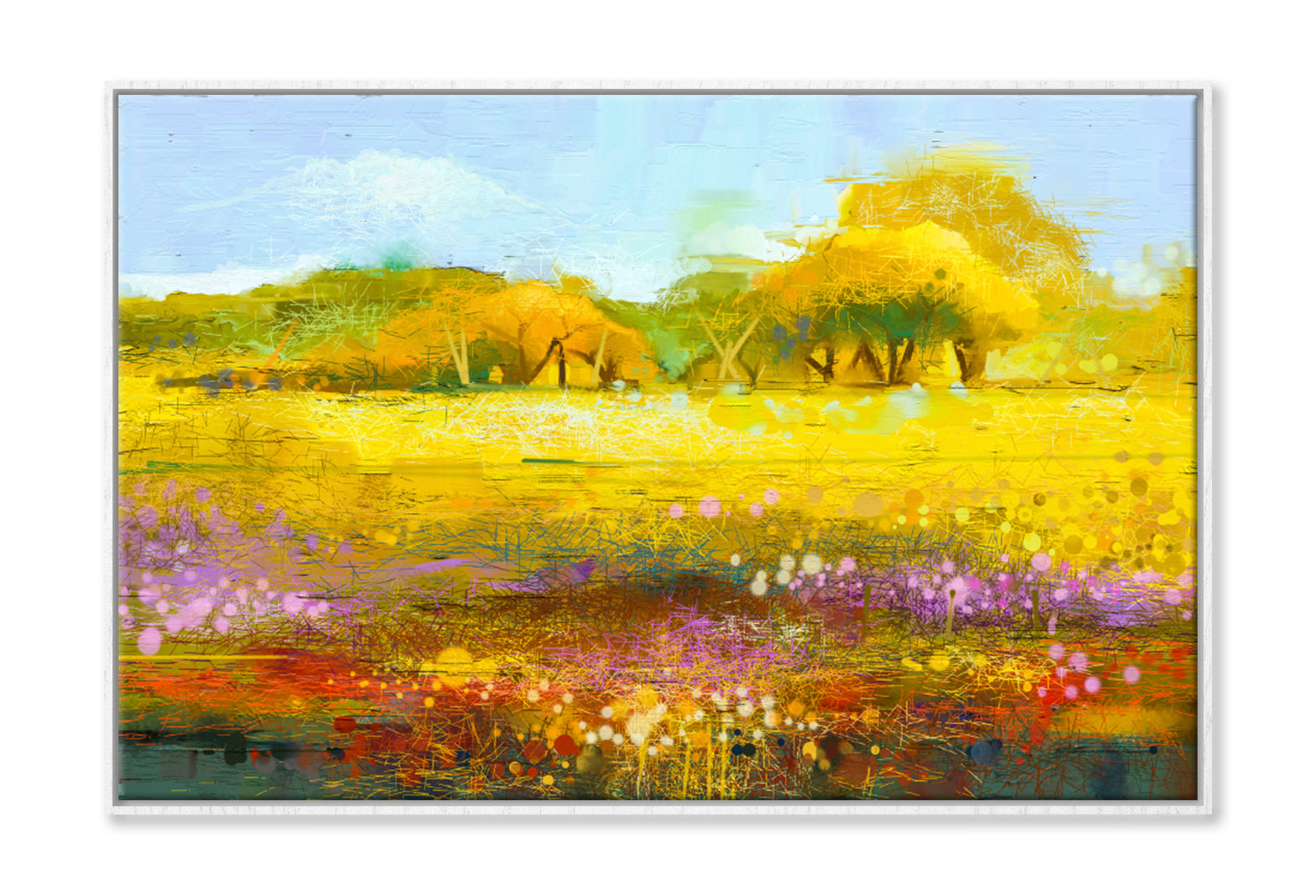 Yellow & Red Wildflowers With Blue Sky Oil Painting Wall Art Limited Edition High Quality Print Canvas Box Framed White