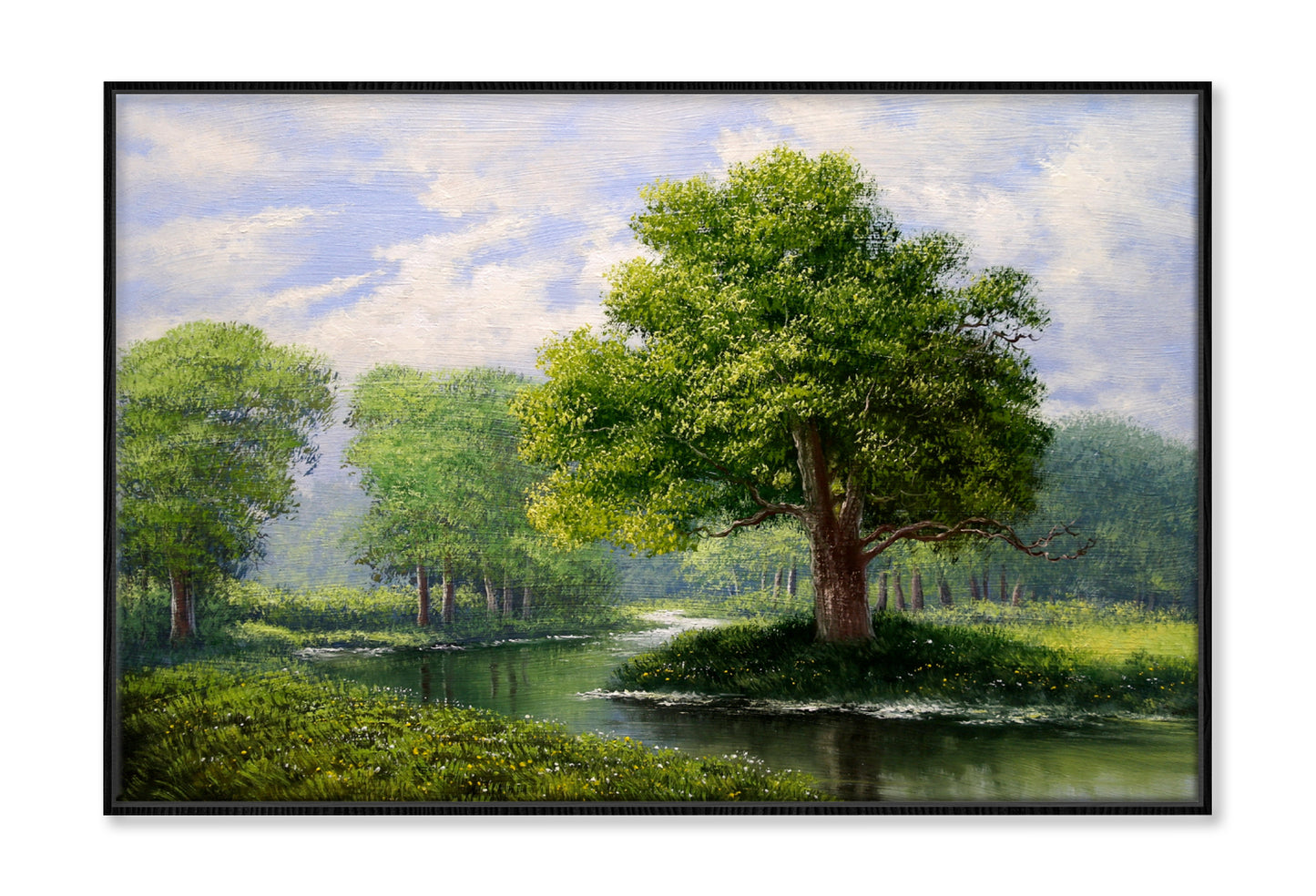 Green Tree Forest & River Cloudy Sky Oil Painting Wall Art Limited Edition High Quality Print Canvas Box Framed Black