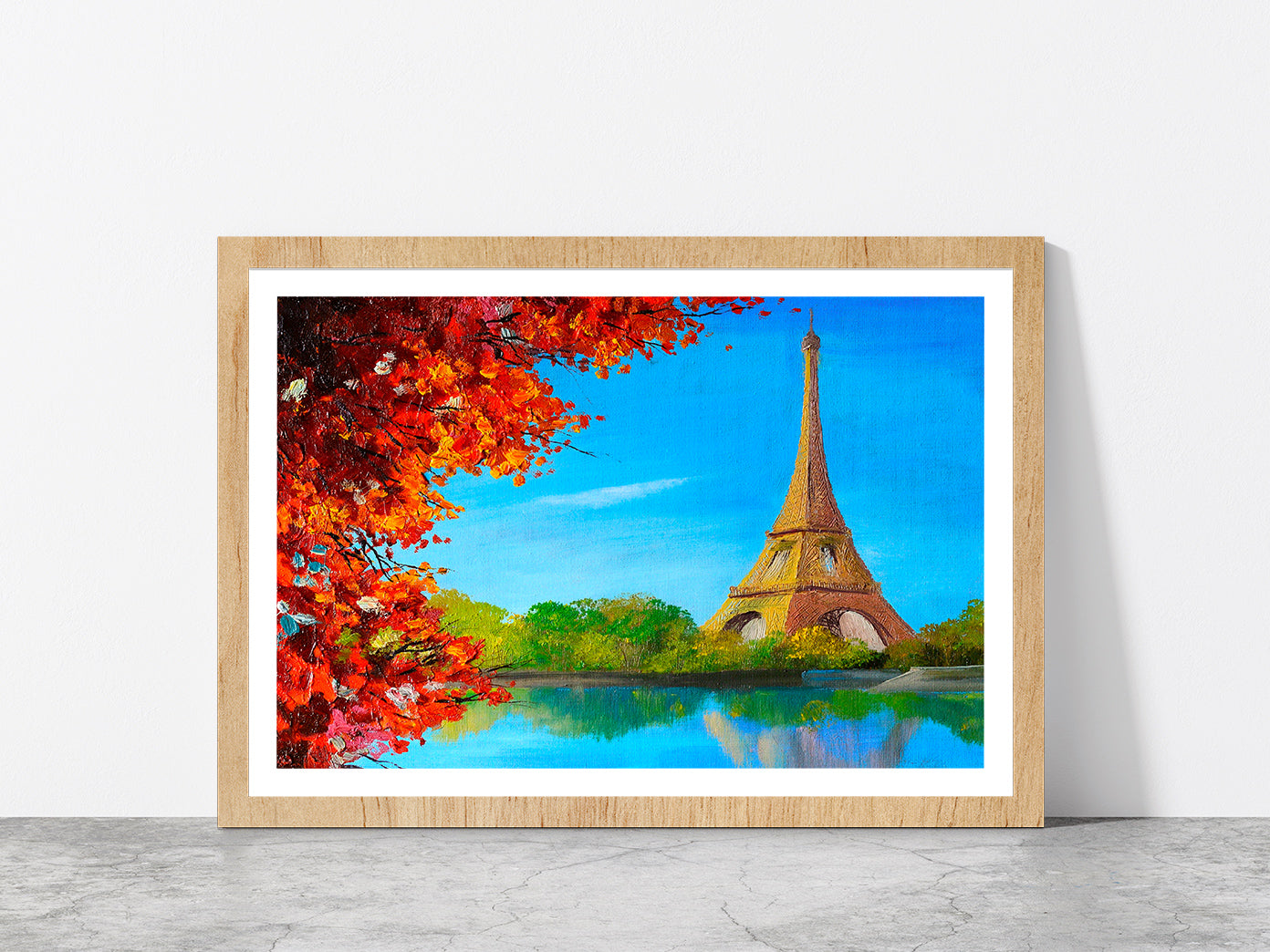 Lake Near The Eiffel Tower Oil Painting Glass Framed Wall Art, Ready to Hang Quality Print With White Border Oak