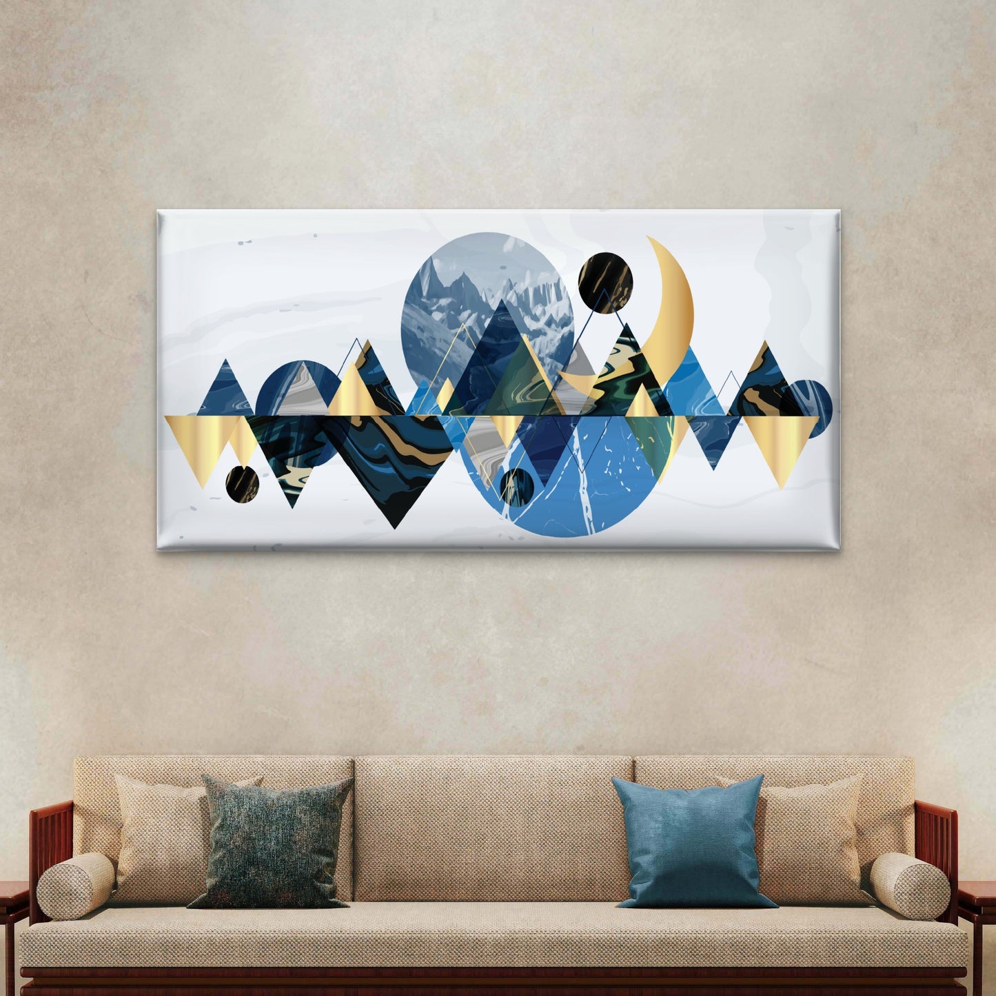 Geometric Blue Gold Mountains Wall Art Canvas Office Home Room Framed 120x60cm - Bella Home Decor