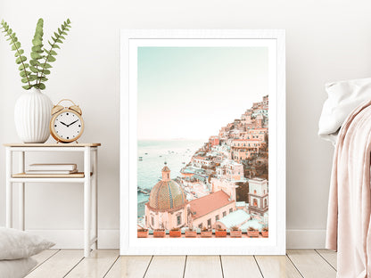 Positano Amalfi Coast Town View Photograph Glass Framed Wall Art, Ready to Hang Quality Print With White Border White