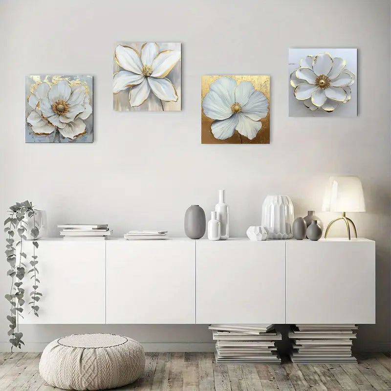 4pcs Floral Golden Grey Flower Picture Wall Art Canvas Framed