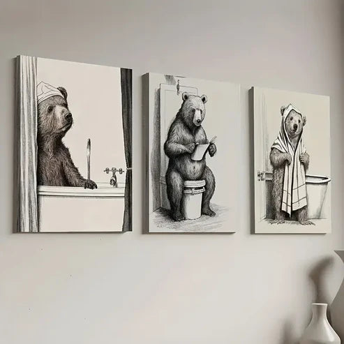 3pcs Retro Style Bear-Like In Bathroom Wall Art Canvas Unframed - High Quality Print 100% Australian Made Wall Canvas