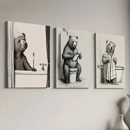 3pcs Retro Style Bear-Like In Bathroom Wall Art Canvas Unframed - High Quality Print 100% Australian Made Wall Canvas