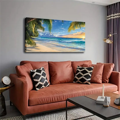 Vibrant Azure Blue Ocean & Palm Wall Art Canvas Office Home Room Framed 120x60cm - Bella Home Decor